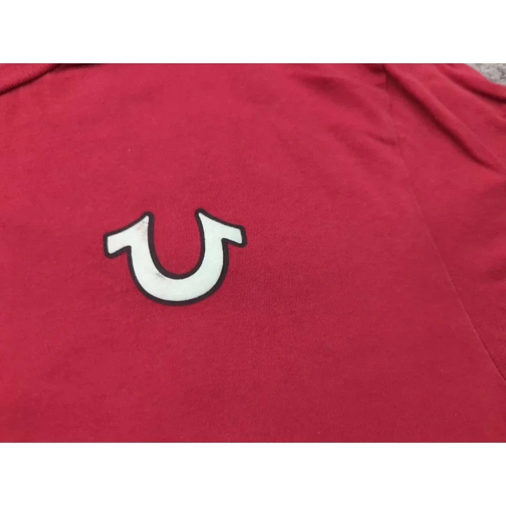 True Religion T Shirt Mens L Red Short‎ Sleeve Buddha Guitar Back Print Relaxed